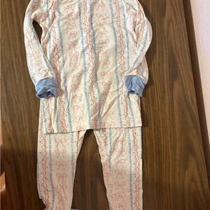 Girls Cream Pajama Set with Pink Bow & Blue Accents